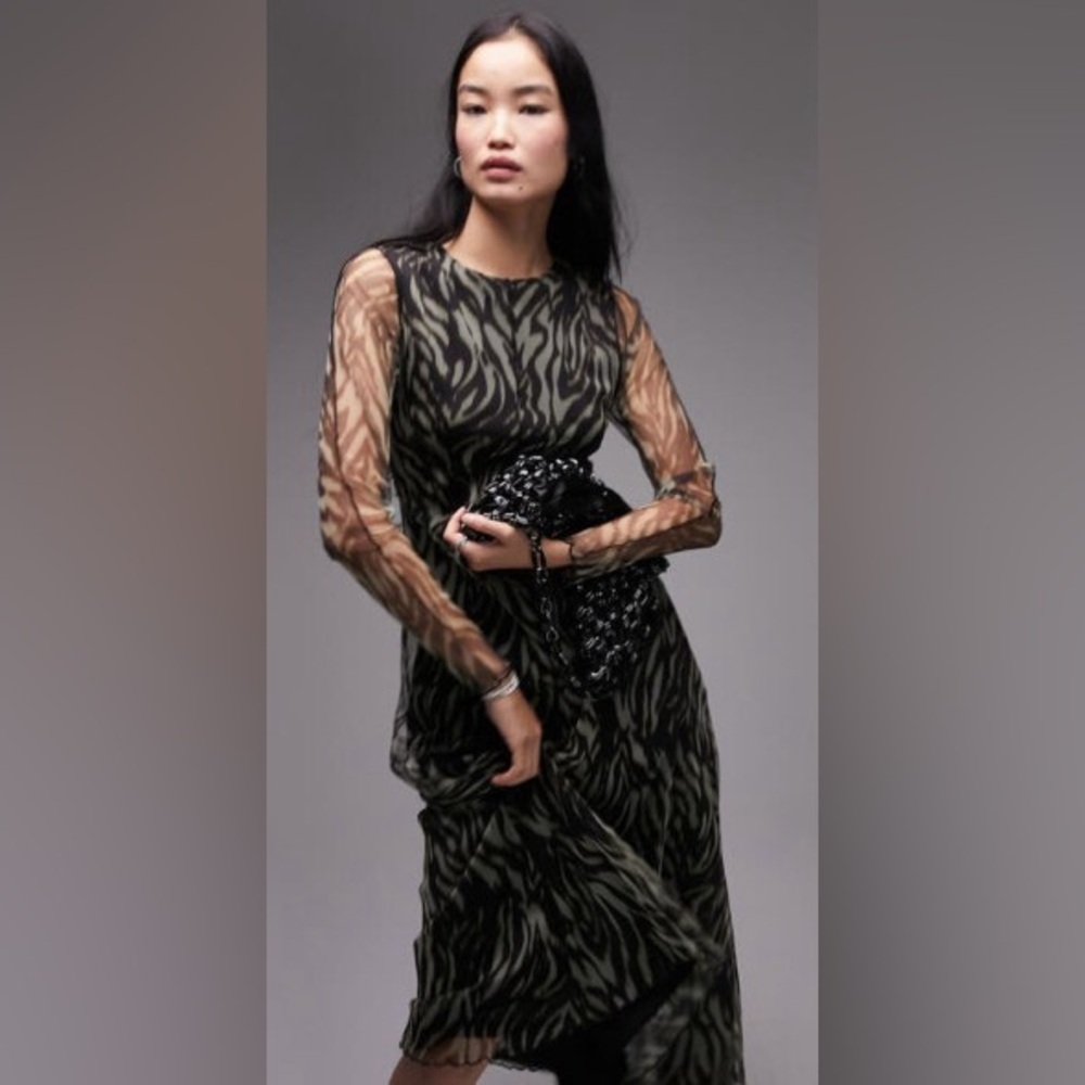 Topshop jersey crinkle mesh zebra midi dress in multi
